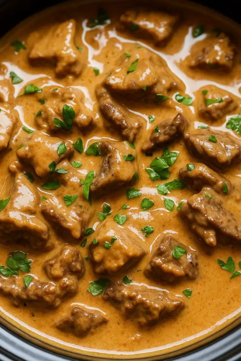 Creamy beef stroganoff with tender beef chunks in a rich mushroom sauce, garnished with parsley