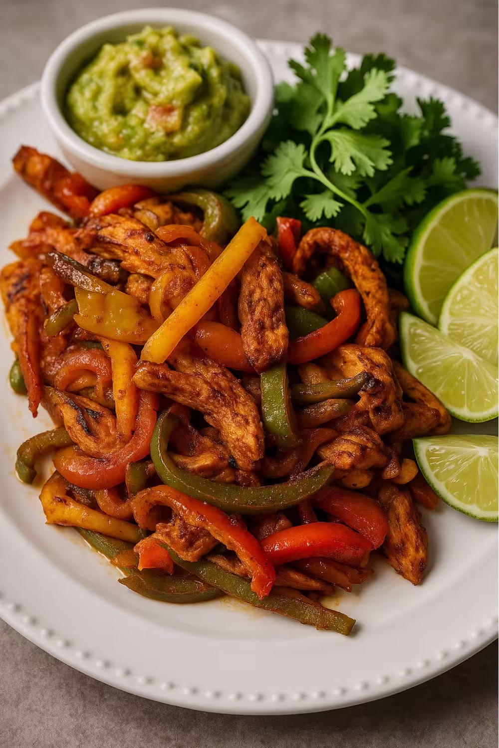 A plate of vibrant air fryer chicken fajitas with colorful bell peppers, served with guacamole, fresh cilantro, and lime wedges.