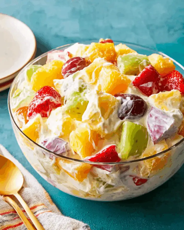 A vibrant bowl of cheesecake fruit salad with strawberries, kiwi, grapes, pineapple, and creamy cheesecake dressing.