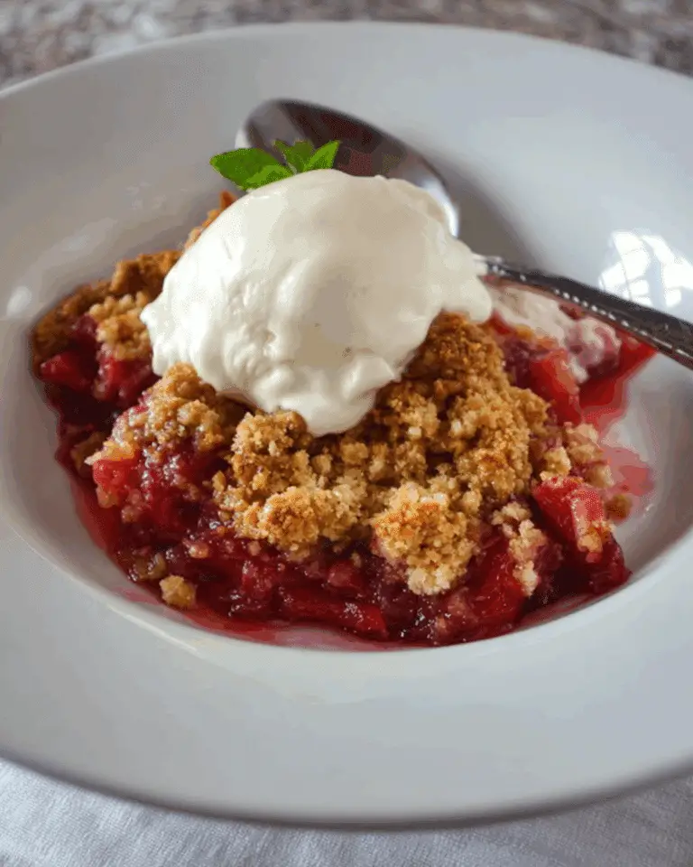 Bowl of keto rhubarb crisp topped with a scoop of vanilla cream and garnished with a mint leaf.