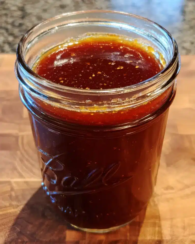 Zinfandel barbecue sauce in a glass mason jar, rich and glossy with a deep reddish-brown color.