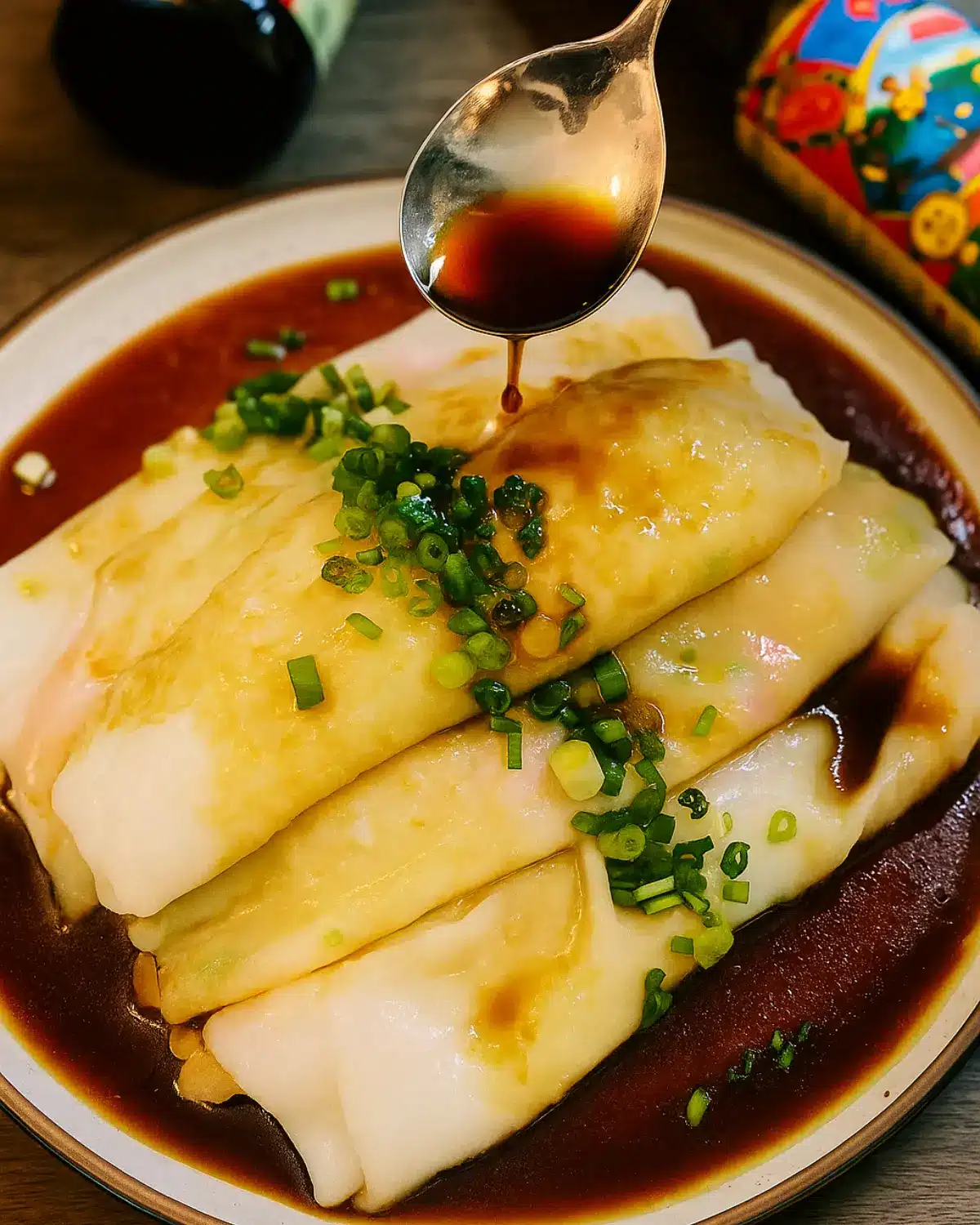 Shrimp Rice Paper Rolls Dim Sum drizzled with soy sauce and garnished with chopped green onions.