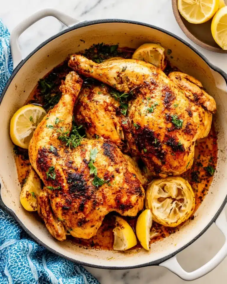 Pan roasted half chicken in a large white skillet, seasoned and browned with herbs and lemon wedges.