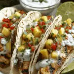 Swordfish tacos recipe with grilled swordfish, pineapple salsa, creamy sauce, and cilantro in warm flour tortillas.