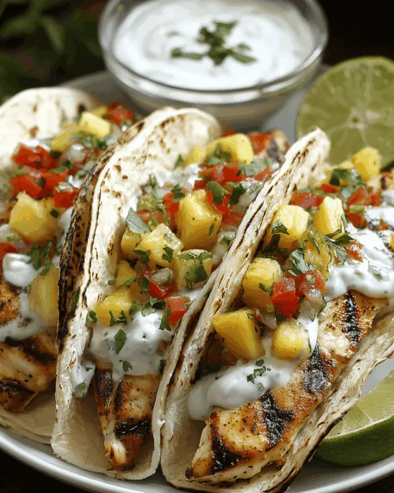 Swordfish tacos recipe with grilled swordfish, pineapple salsa, creamy sauce, and cilantro in warm flour tortillas.