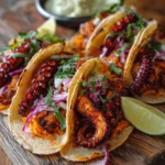 Octopus tacos recipe featuring grilled octopus tentacles in corn tortillas, topped with shredded cabbage, red onion, and fresh herbs, served with lime wedges and sauce.