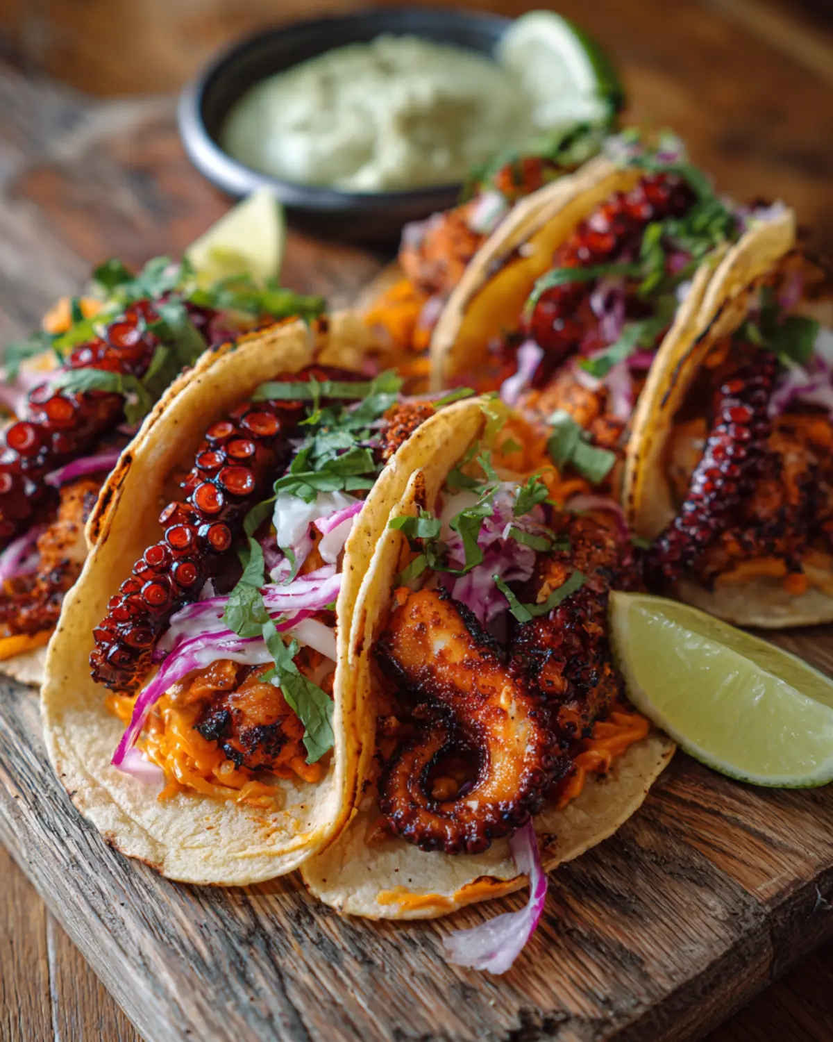 Octopus tacos recipe featuring grilled octopus tentacles in corn tortillas, topped with shredded cabbage, red onion, and fresh herbs, served with lime wedges and sauce.
