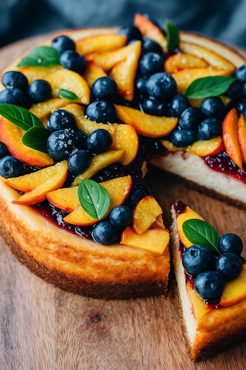 Homemade blueberry peach cheesecake with fresh fruit topping