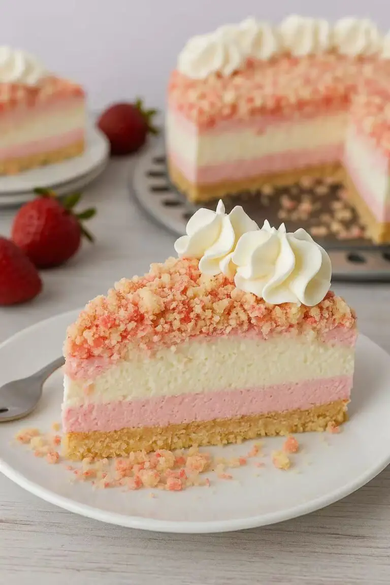 Strawberry crunch cheesecake slice with whipped cream topping