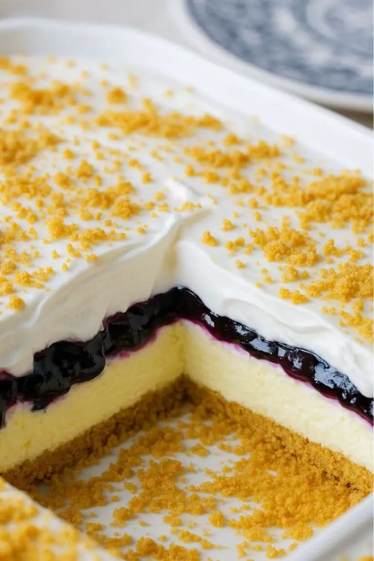 A creamy no bake lemon blueberry dessert layered with whipped topping, blueberry filling, and graham cracker crumbs in a white dish.