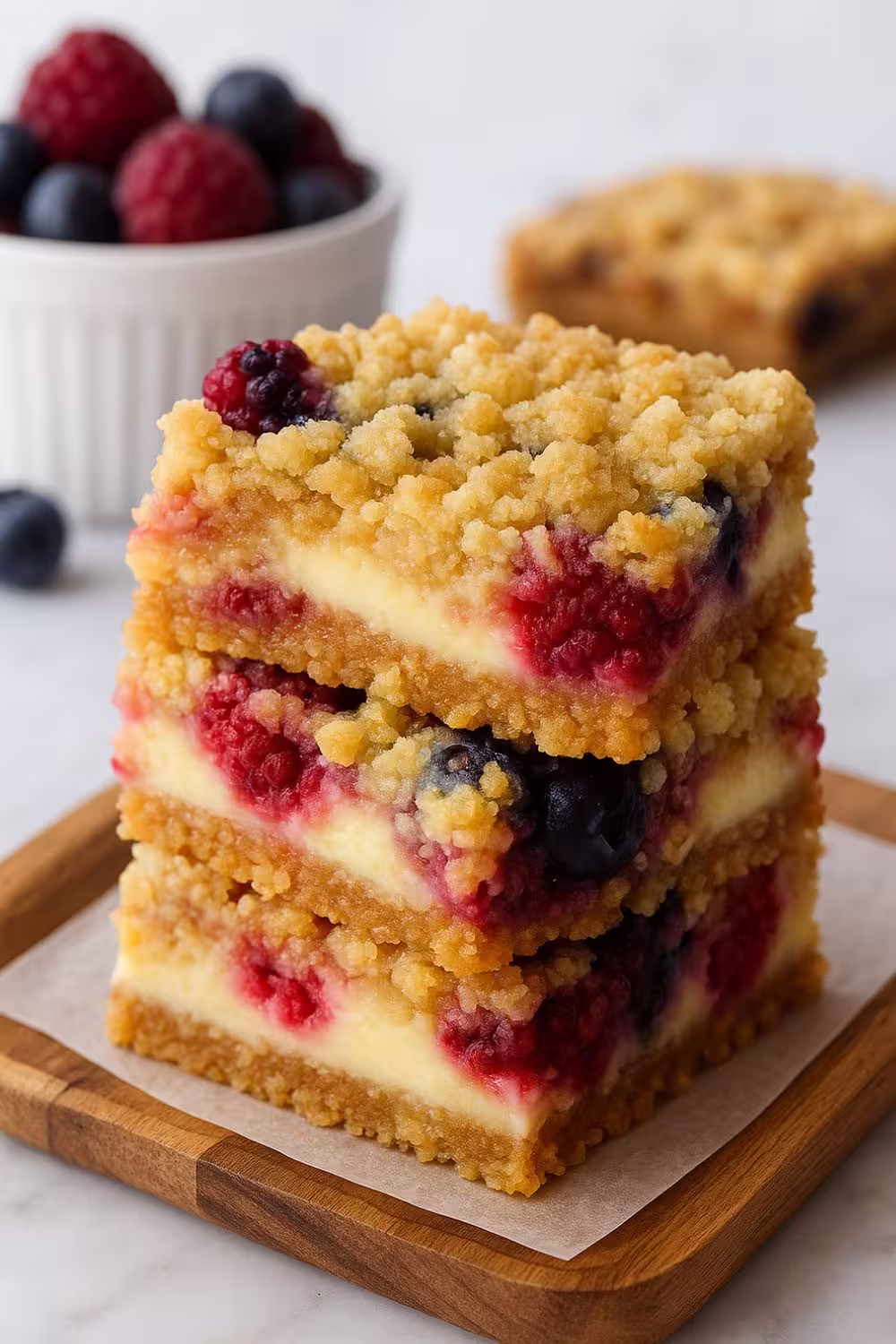 Stacked blueberry cream cheese bars with oat crumble topping on a wooden board.