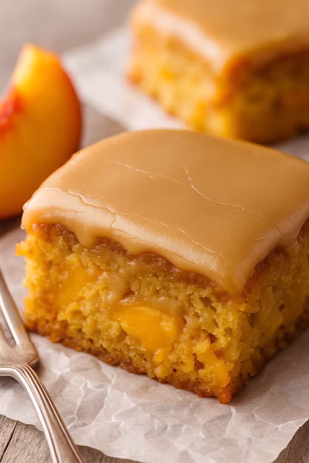 Moist slice of brown sugar peach cake topped with rich brown sugar glaze and fresh peach chunks.