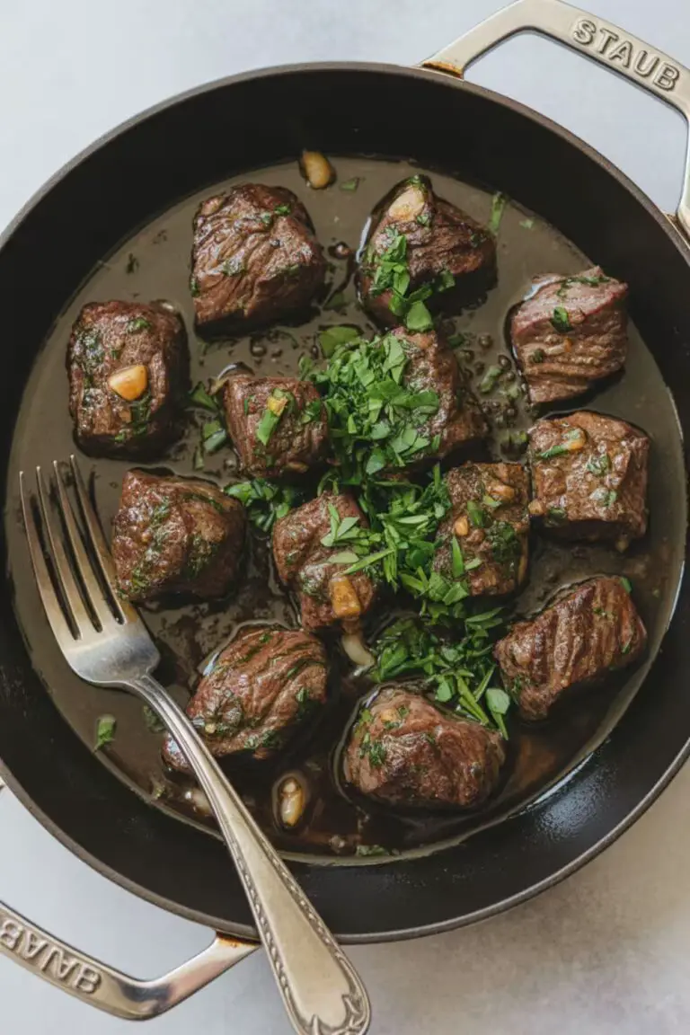 Juicy garlic butter steak bites in a skillet garnished with fresh herbs