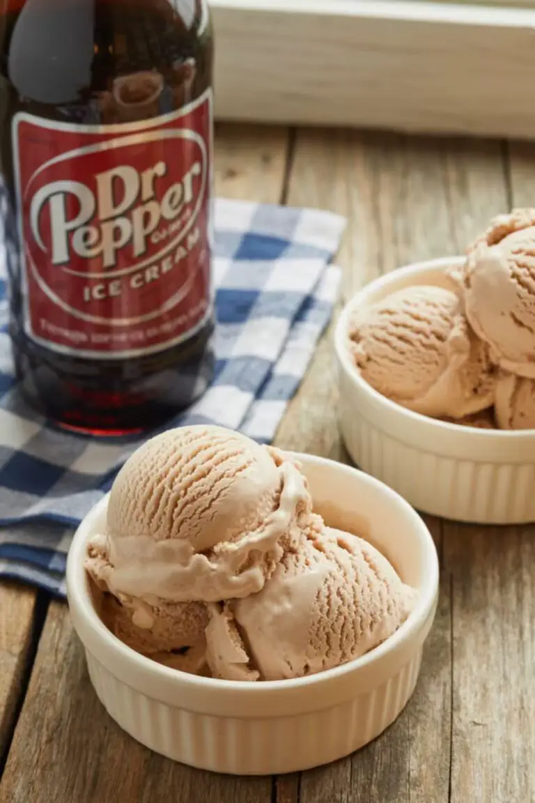 Creamy homemade Dr Pepper ice cream served in white bowls beside a soda bottle