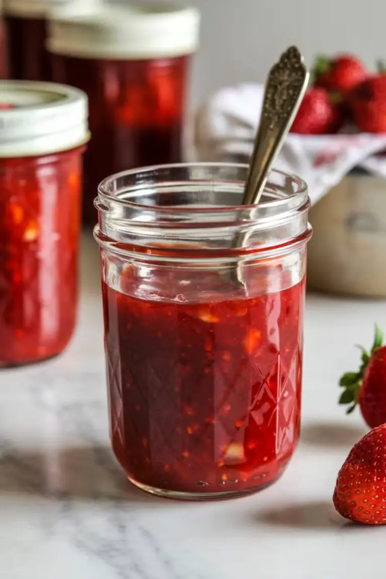 A clear glass jar filled with homemade strawberry freezer jam, with a spoon inside and fresh strawberries nearby.