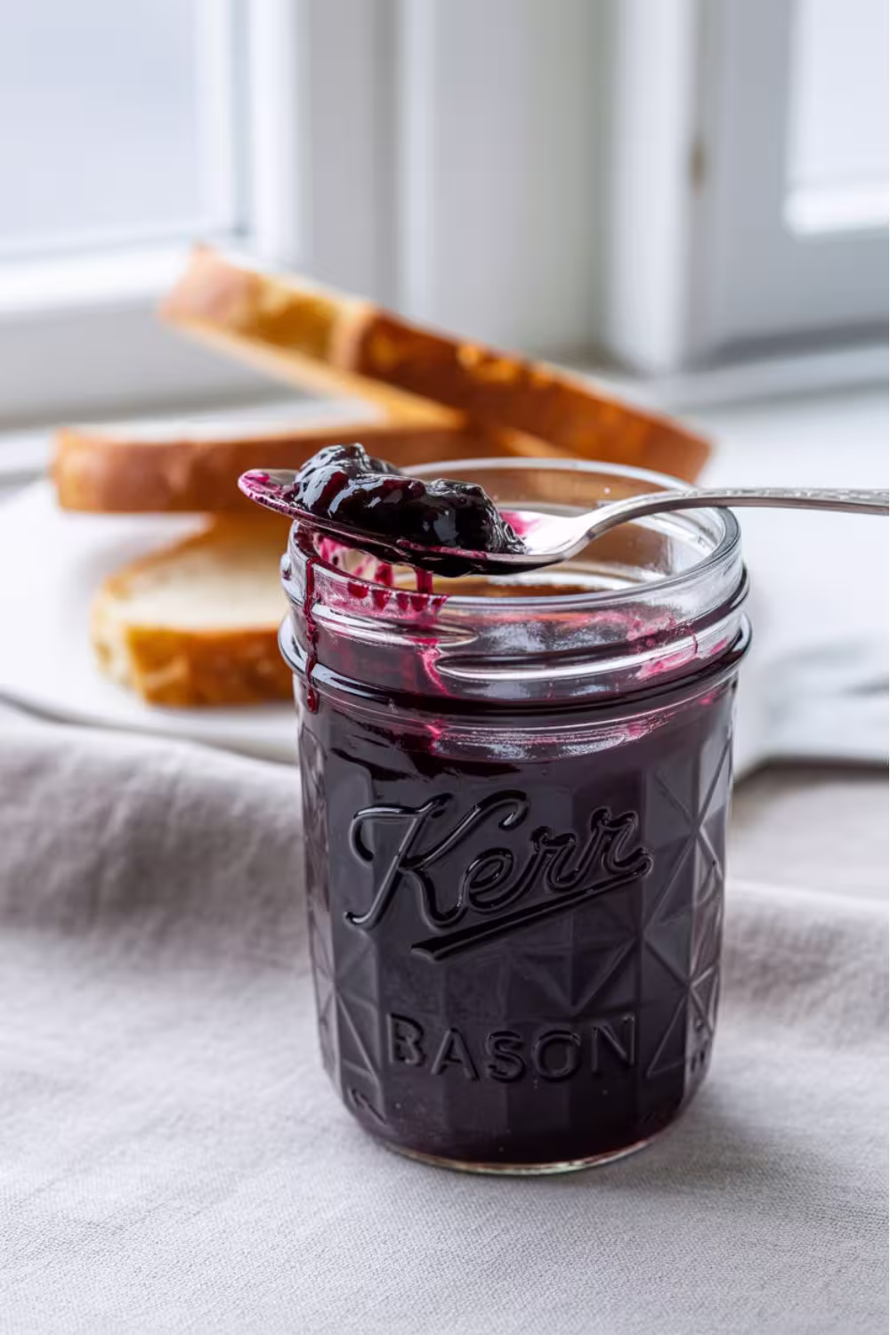 A jar of homemade blueberry butter with a spoonful of thick, glossy spread resting on the jar’s rim, slices of bread in the background.