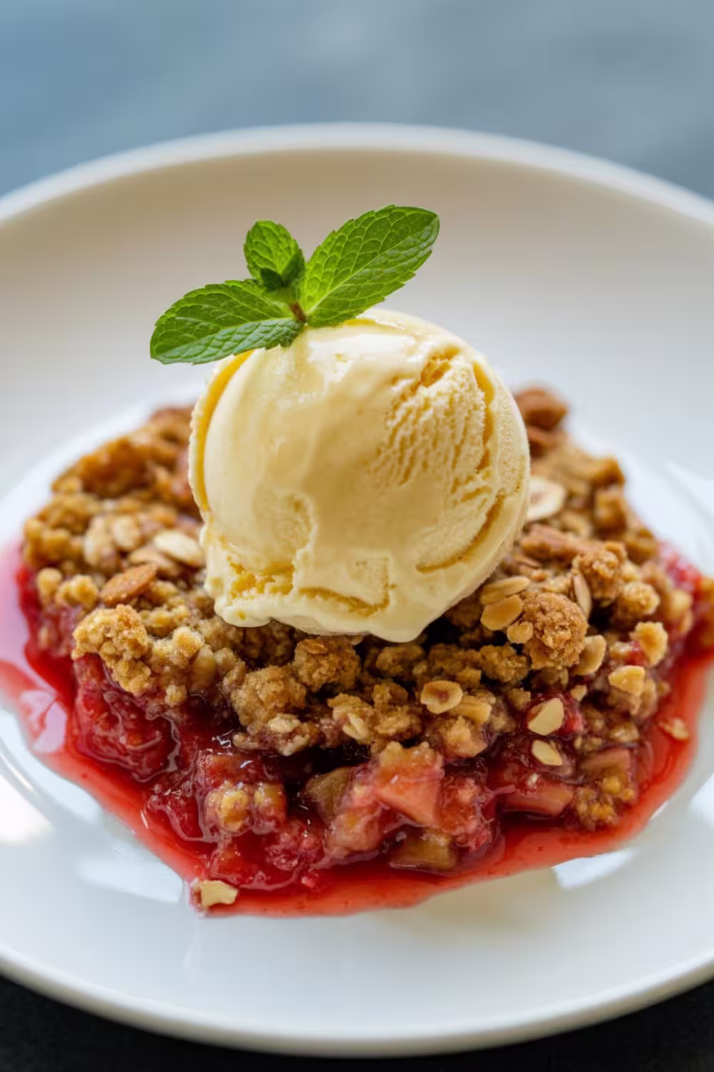 A serving of rhubarb crisp topped with a scoop of vanilla ice cream and garnished with fresh mint on a white plate.