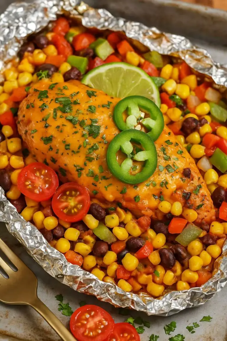 A Santa Fe chicken foil packet featuring a cheesy chicken breast topped with sliced jalapeños, surrounded by colorful corn, black beans, peppers, and cherry tomatoes.