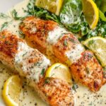 Creamy lemon salmon fillets served in a rich lemon-dill sauce with fresh spinach and lemon slices on the side.