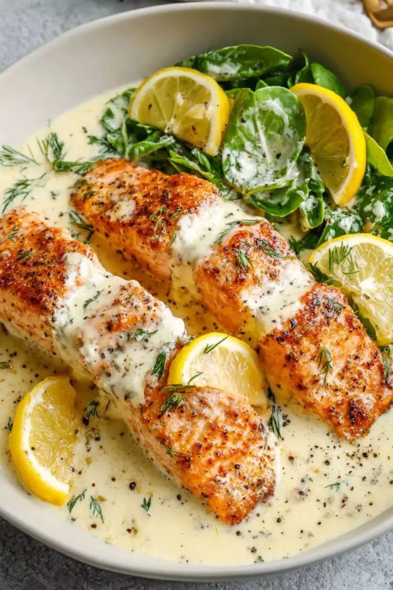 Creamy lemon salmon fillets served in a rich lemon-dill sauce with fresh spinach and lemon slices on the side.