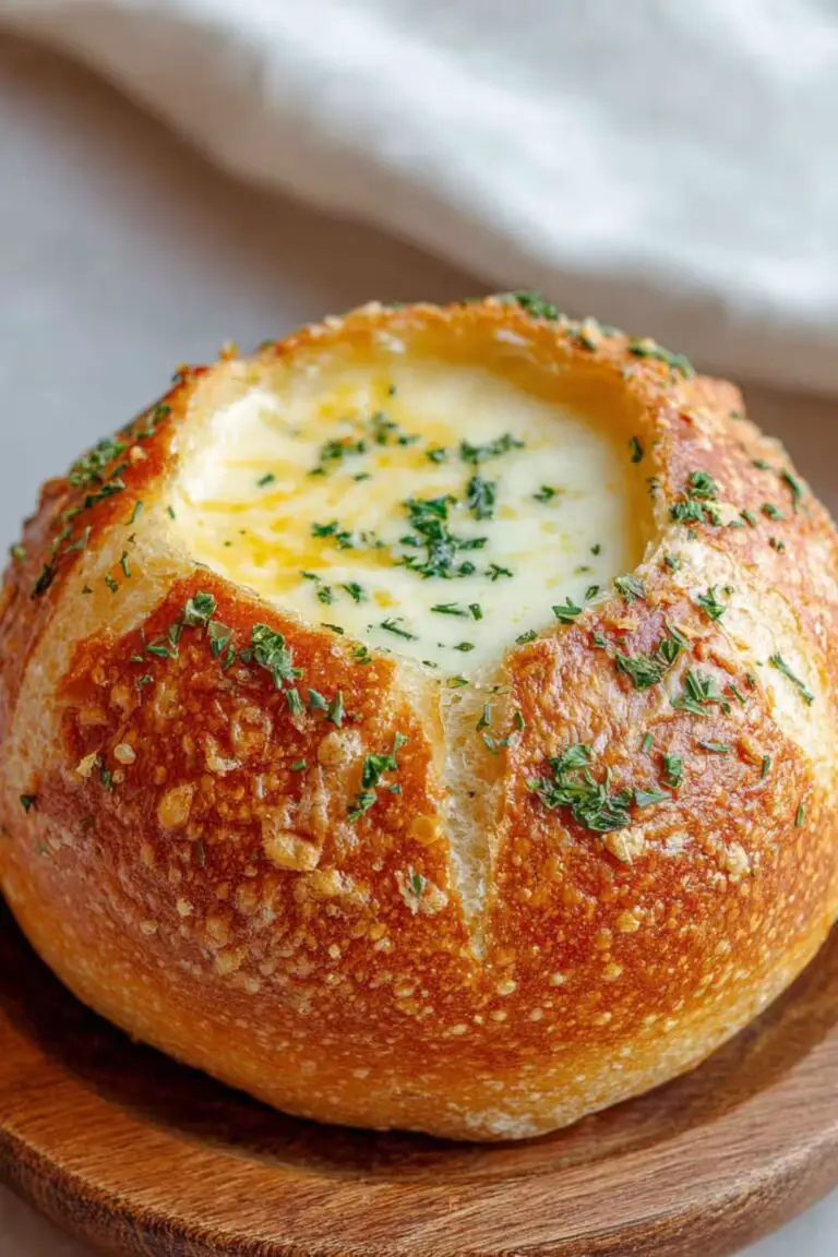 A freshly baked bread bowl filled with creamy broccoli cheese soup, topped with shredded cheese, served on a white plate with the bread lid and a spoon.