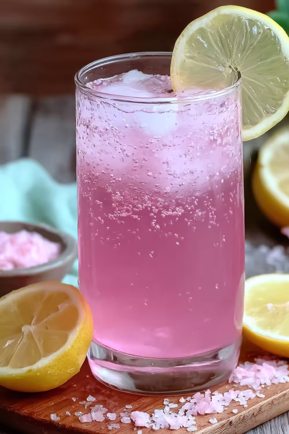 A refreshing glass of pink drink with ice, garnished with lemon slice, next to lemons and pink salt, representing a Pink Salt Weight Loss Recipe.