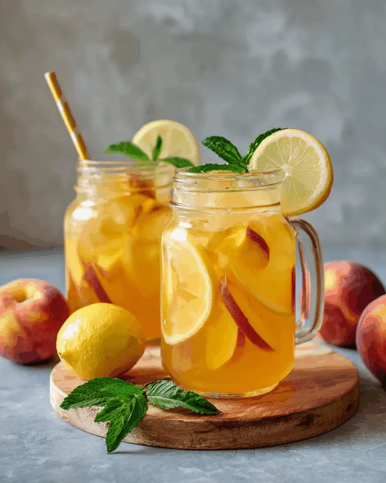 Peach lemonade served in mason jars with lemon slices, peach slices, ice, mint leaves, and garnished with lemon wheels.