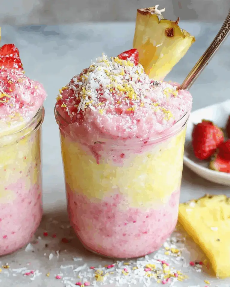 Anti-Inflammatory Pineapple Smoothie layered with pink and yellow swirls, topped with coconut, strawberry slices, and a pineapple wedge.
