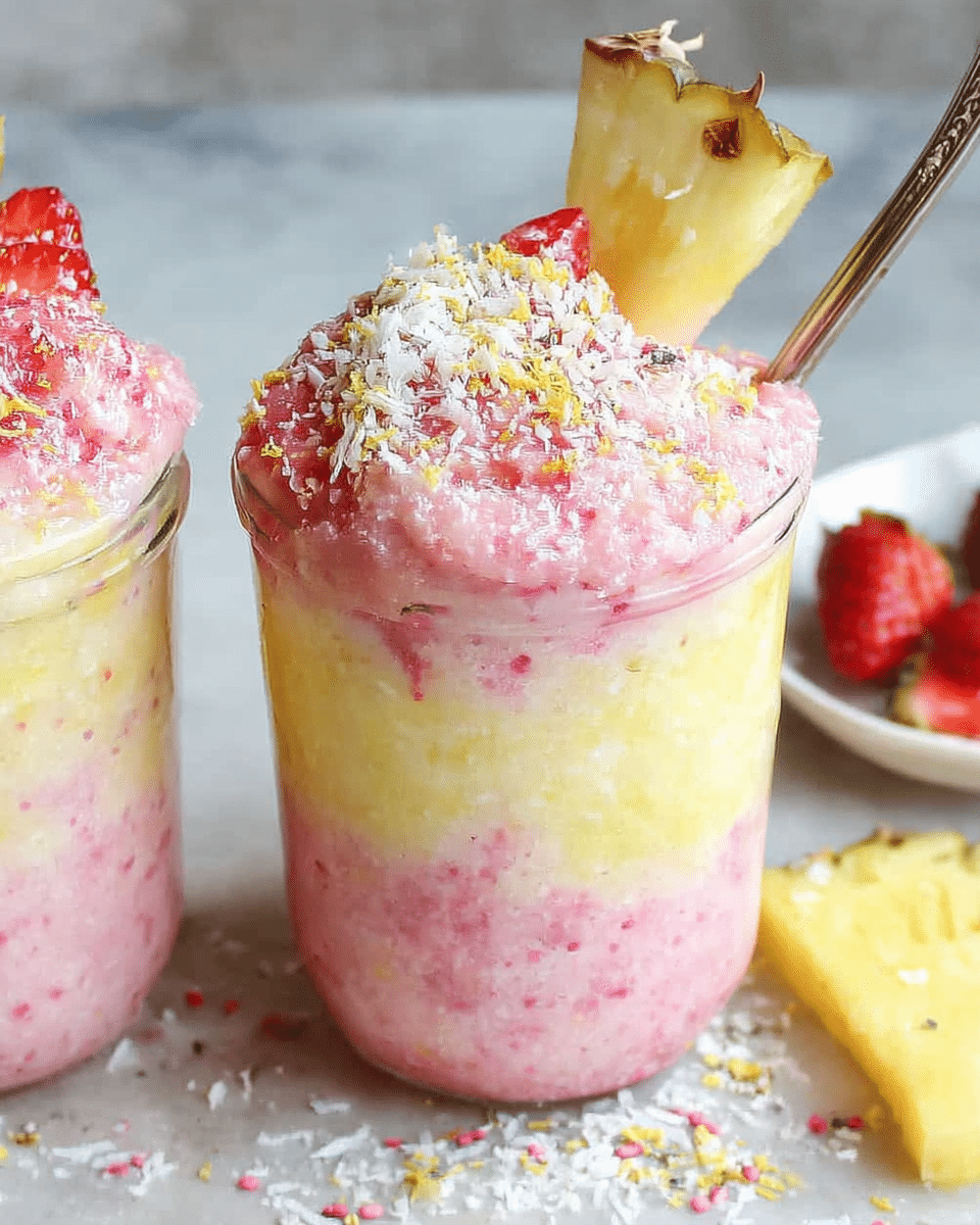 Anti-Inflammatory Pineapple Smoothie layered with pink and yellow swirls, topped with coconut, strawberry slices, and a pineapple wedge.