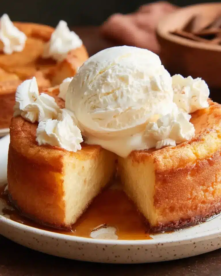 California Pizza Kitchen Butter Cake Recipe served with a scoop of vanilla ice cream and whipped cream, drizzled with caramel sauce.