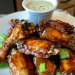 Plate of Dallas BBQ Sticky Wings glazed with sauce, garnished with green onions, served with ranch dressing.