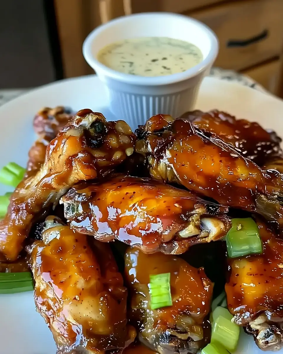 Plate of Dallas BBQ Sticky Wings glazed with sauce, garnished with green onions, served with ranch dressing.