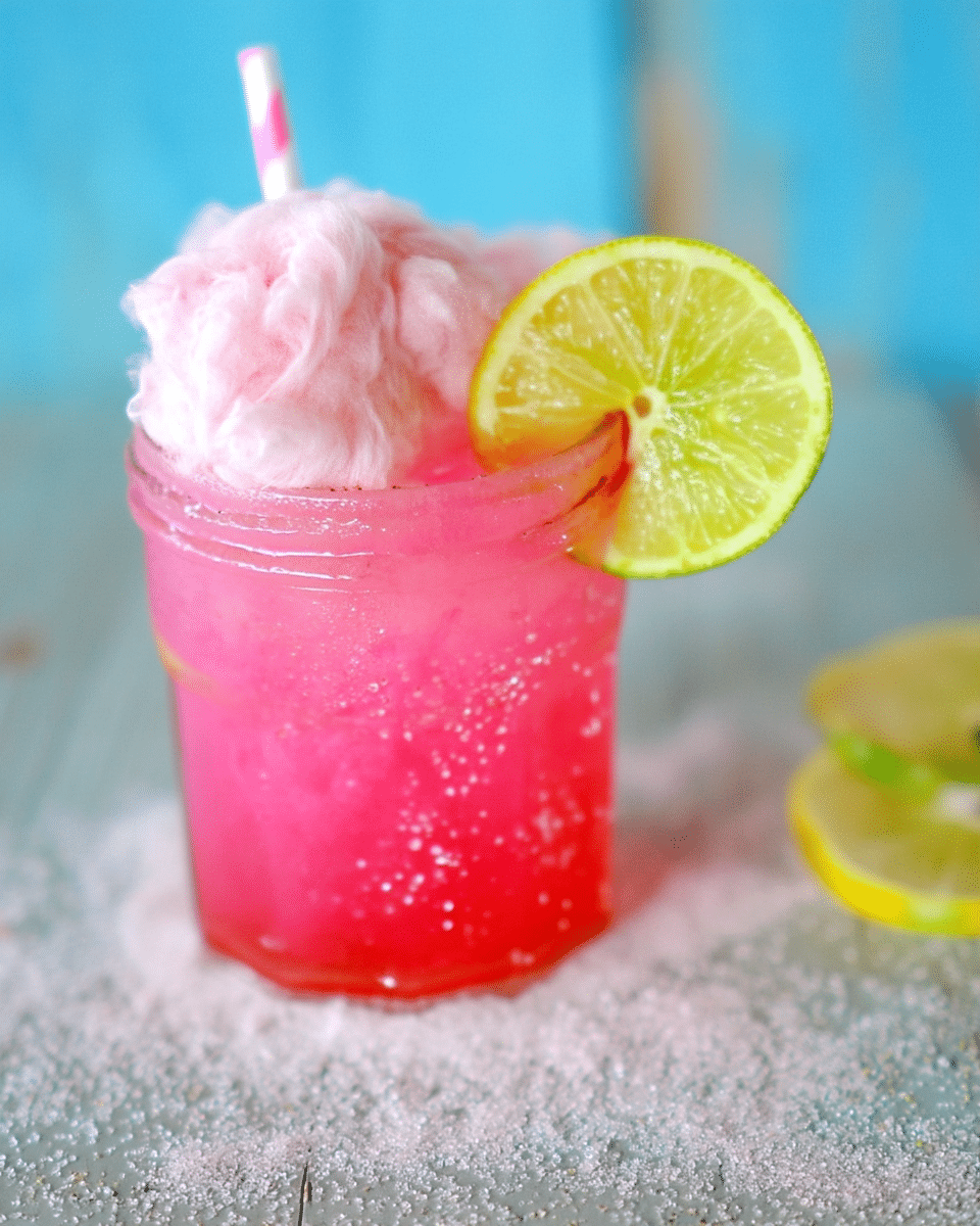 A vibrant pink Cotton Candy Margarita without alcohol, served in a mason jar with a slice of lime, pink cotton candy on top, and a pink-striped straw, surrounded by sugar crystals.