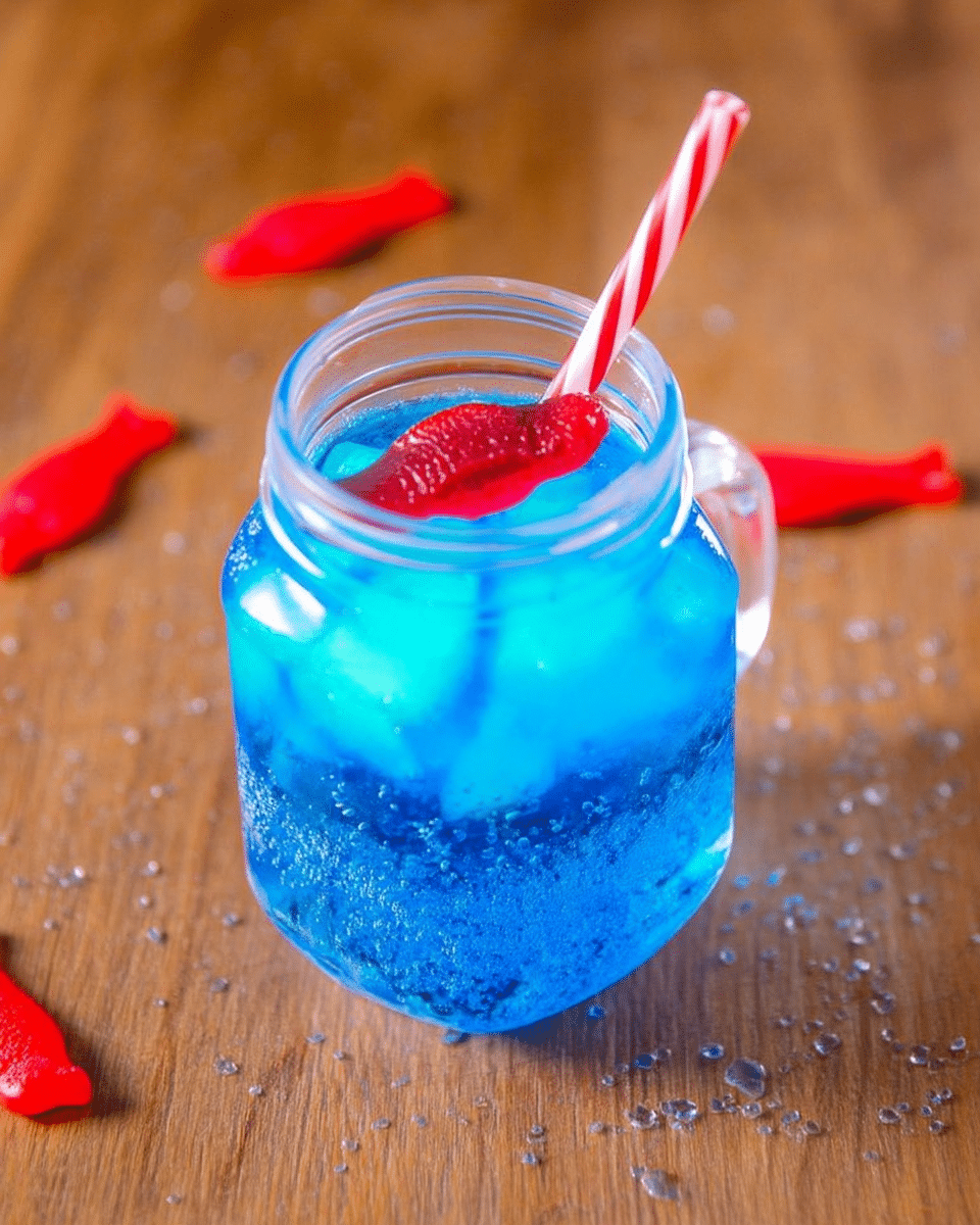A mason jar filled with vibrant blue Sonic Ocean Water, topped with ice, a red Swedish Fish candy, and a red-and-white striped straw, on a wooden surface with water droplets and more candy fish around.
