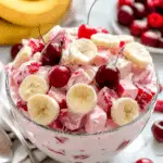 A bowl of Better Than Sex Fruit Salad featuring cherries, bananas, strawberries, and creamy pink dressing.