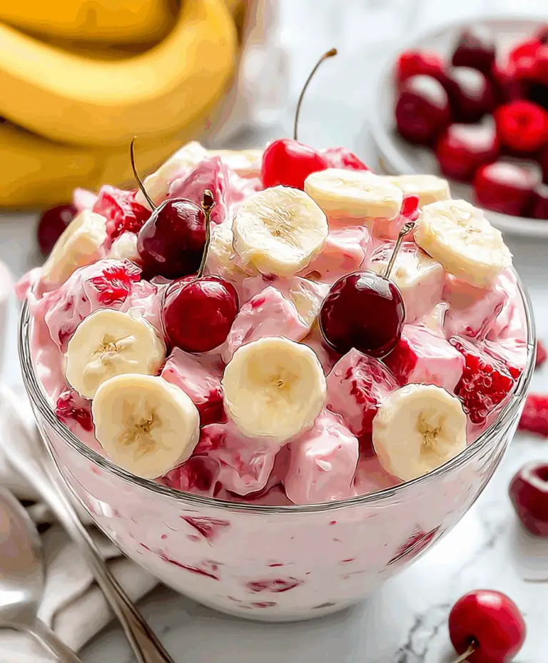A bowl of Better Than Sex Fruit Salad featuring cherries, bananas, strawberries, and creamy pink dressing.
