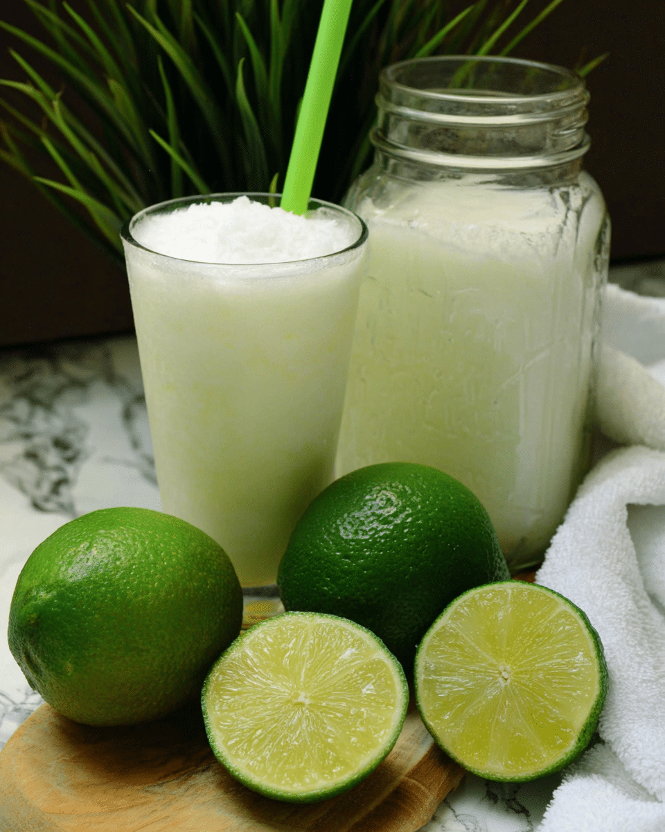 Brazilian lemonade with coconut served in a glass with ice, accompanied by fresh whole and halved limes, and a jar of the drink in the background.