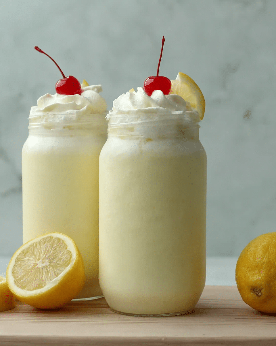 Frozen Whipped Lemonade in glass jars topped with whipped cream, cherries, and lemon slices.