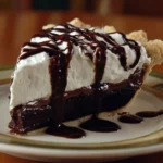 Golden Corral Chocolate Pie slice topped with whipped cream and drizzled with rich chocolate sauce.