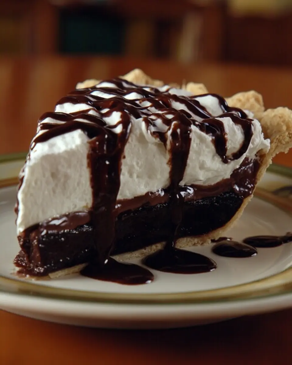 Golden Corral Chocolate Pie slice topped with whipped cream and drizzled with rich chocolate sauce.