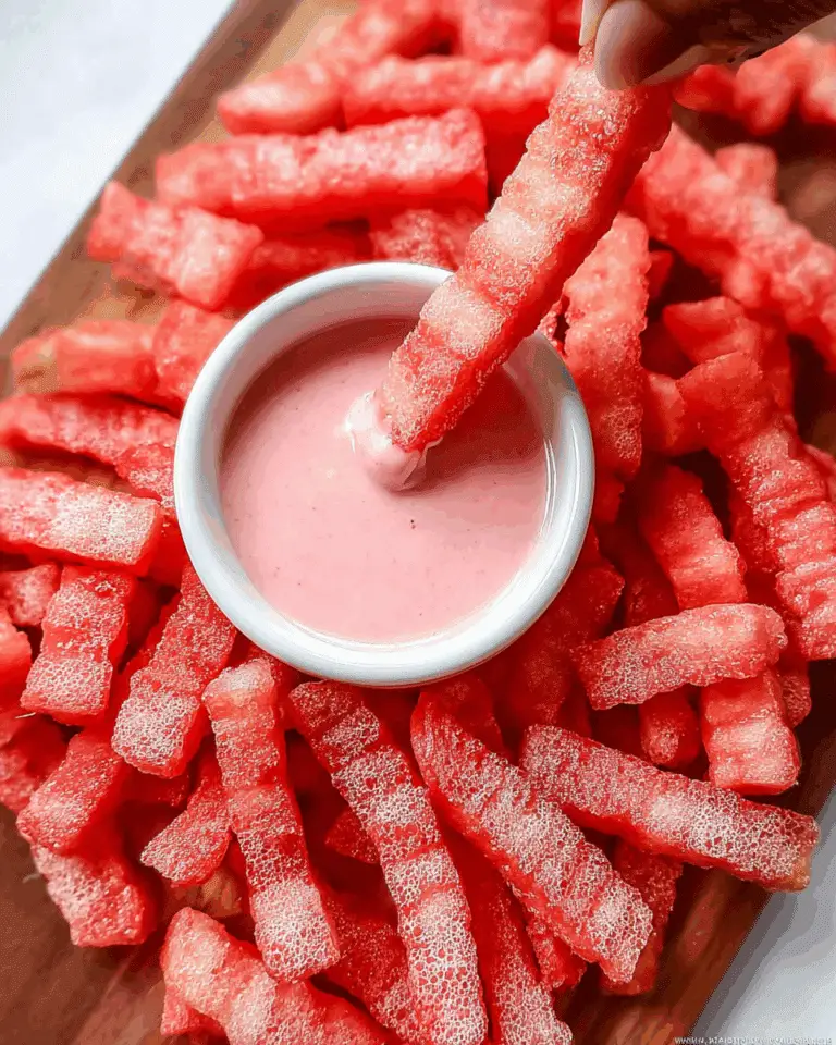 Healthy Watermelon Fries served with pink yogurt dip, arranged on a wooden board.