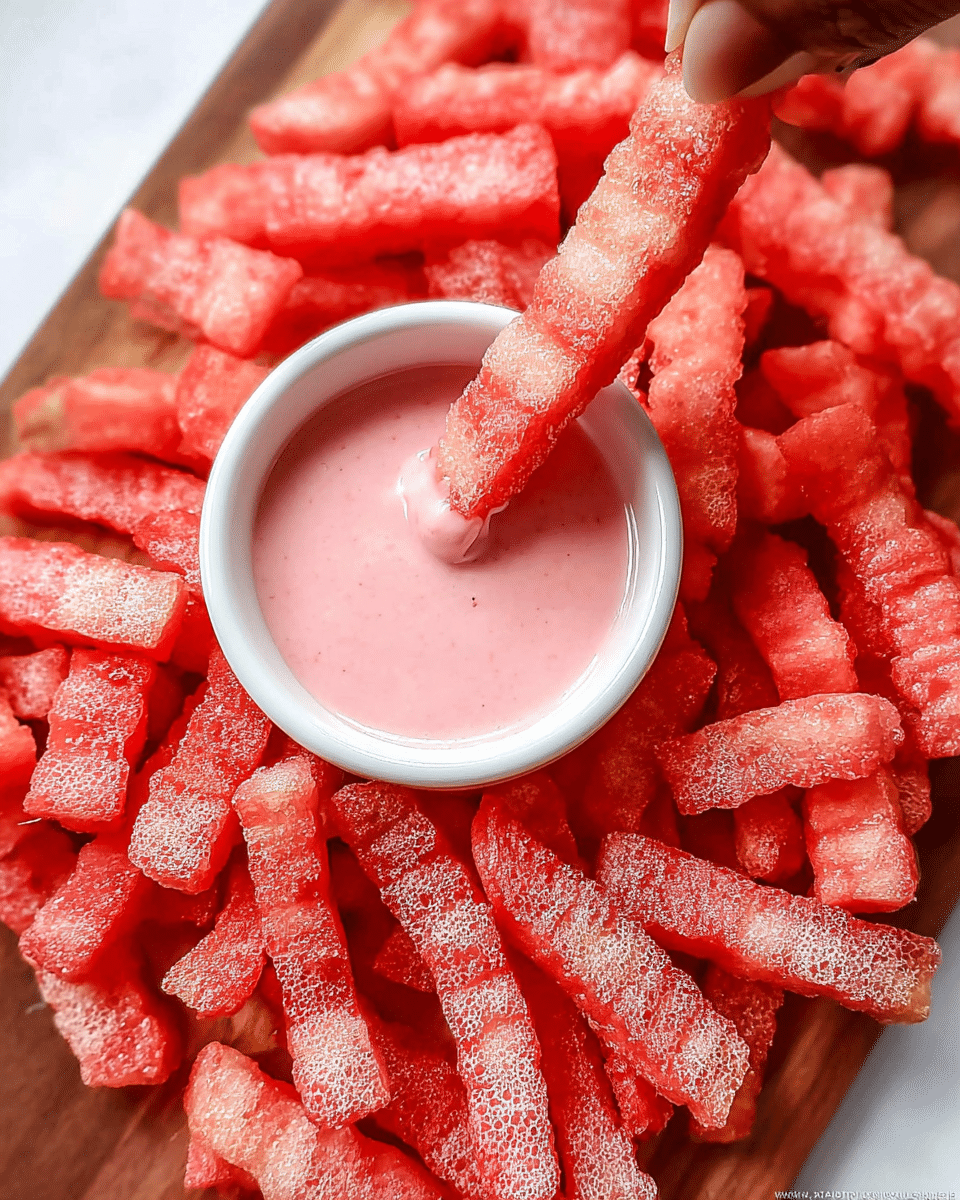 Healthy Watermelon Fries served with pink yogurt dip, arranged on a wooden board.