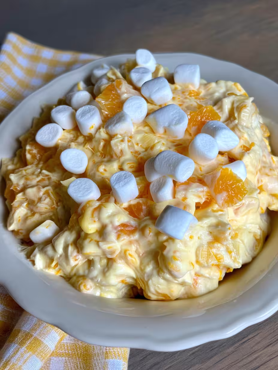Sunshine Salad topped with mini marshmallows and mandarin orange segments.