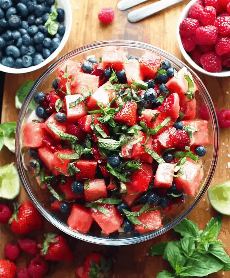 A refreshing bowl of berry watermelon fruit salad with strawberries, blueberries, raspberries, and fresh mint.