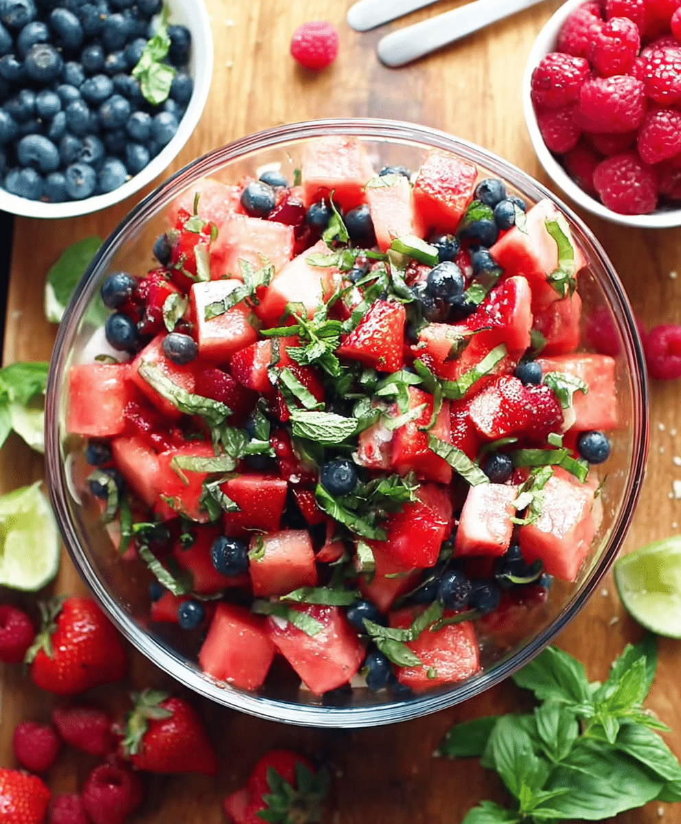 A refreshing bowl of berry watermelon fruit salad with strawberries, blueberries, raspberries, and fresh mint.