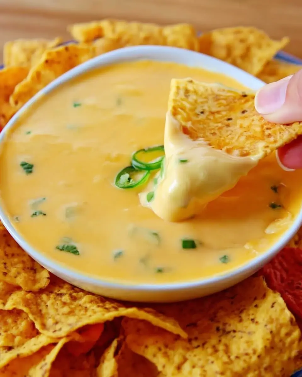 Costa Vida Queso Recipe served in a bowl with tortilla chips, with a chip dipped into the creamy cheese sauce.