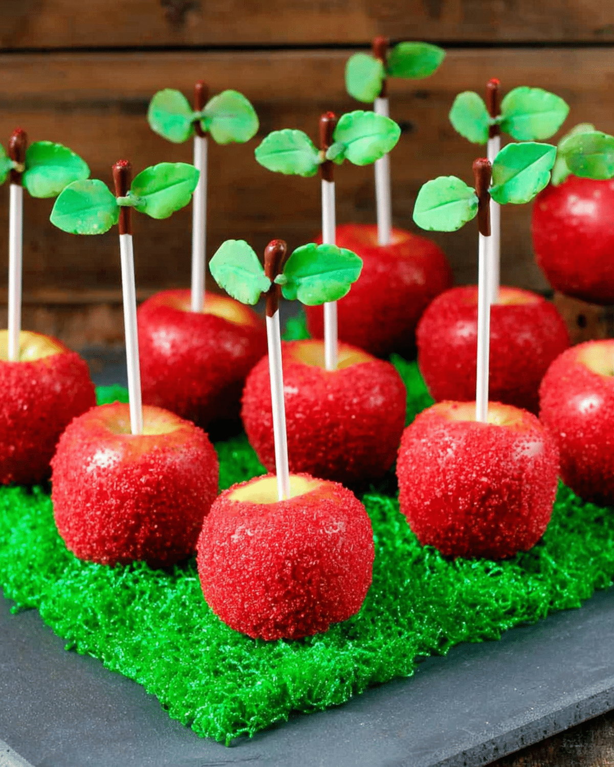 Apple Cake Pops with red sugar coating, candy leaves, and white sticks displayed on green grass-like base.