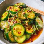 Bowl of Asian cucumber salad with sliced cucumbers, sesame seeds, red pepper flakes, and scallions in a soy-based dressing.
