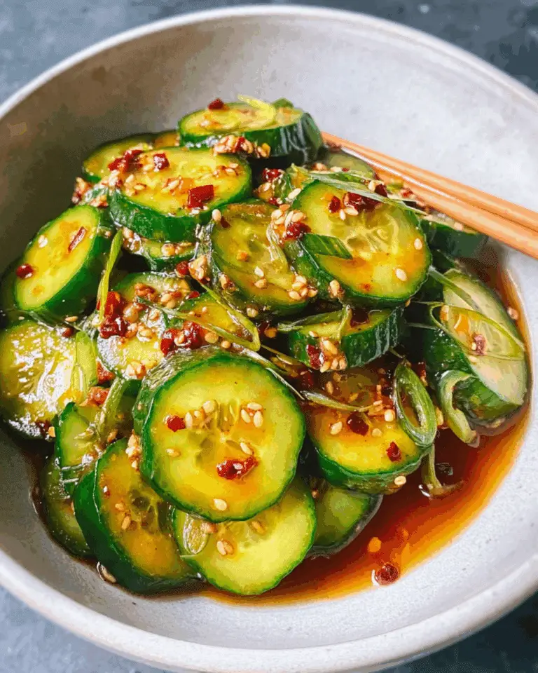 Bowl of Asian cucumber salad with sliced cucumbers, sesame seeds, red pepper flakes, and scallions in a soy-based dressing.