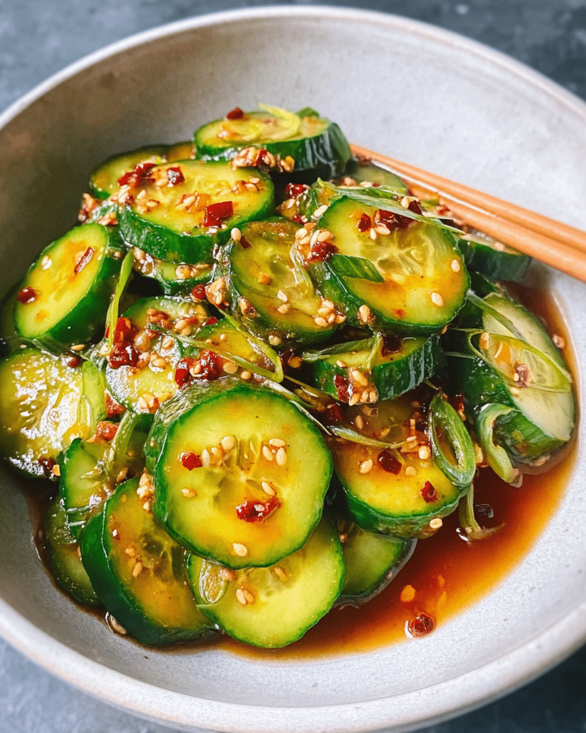 Bowl of Asian cucumber salad with sliced cucumbers, sesame seeds, red pepper flakes, and scallions in a soy-based dressing.